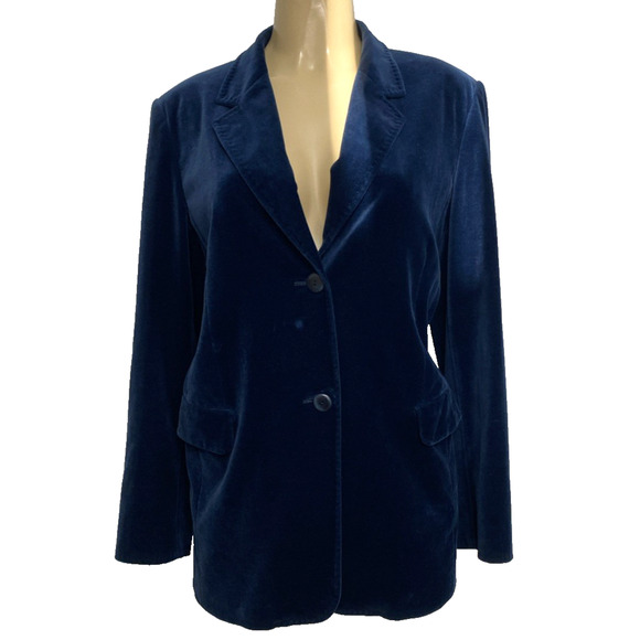 Marina Rinaldi Jacket Blazer Velvet Velour Blue Two Button Notch Lapel 21 12 - Picture 1 of 7